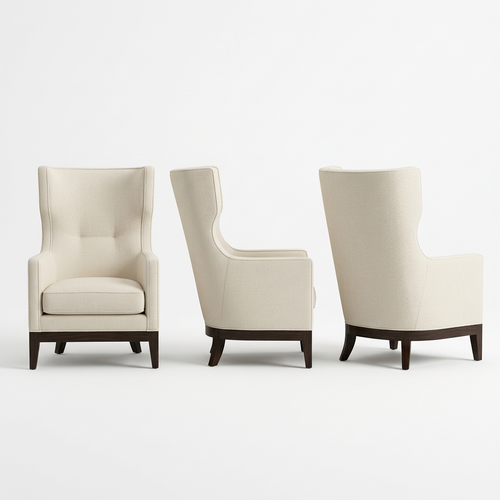 Contemporary Cream Upholstered Armchair with Wingback Silhouette and Wood Trim