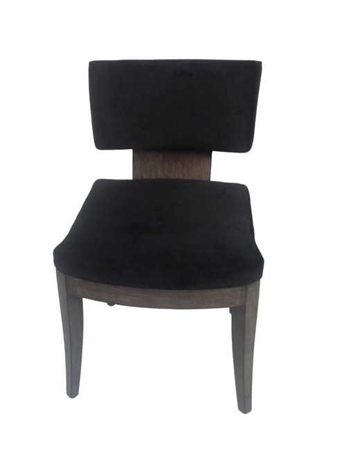 Front image of an upholstered dining chair, dining chair, accent chair, black velvet chair, mcm, Dining furniture