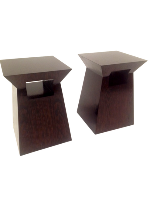 Front image of a pair of modern end tables, unique end tables, solid wood end tables, zebrano end tables, geometric end tables