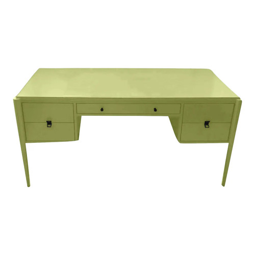 Front image, desk, green lacquered finish desk, mid century style desk, home office furniture