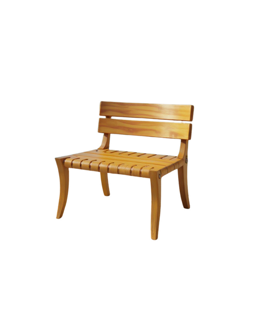 Front view of Medellin Solis teak love seat with slatted seat and backrest on white background