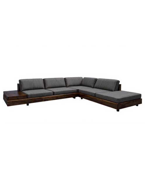 Front view of mid-century L-shaped sectional sofa with striped upholstery and wooden base