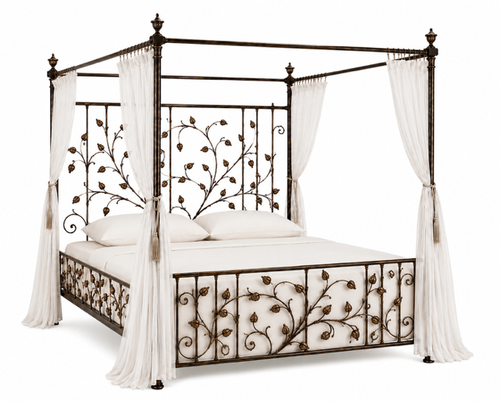 Jardín canopy bed with antique bronze metal vine detailing and white canopy curtains