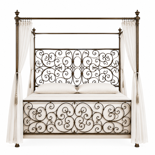 Palacio canopy bed with ornate metal scrollwork, antique bronze finish, and white canopy curtains