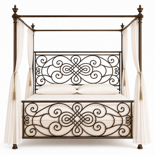 Granada canopy bed with ornate metal scrollwork, antique bronze finish, and white canopy curtains