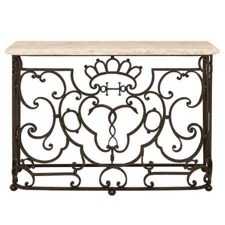 Versailles console table with wrought metal scrollwork base and cream travertine stone top