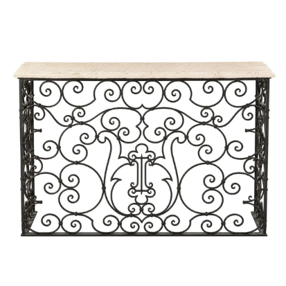 Roma console table with decorative iron scrollwork base and cream travertine top