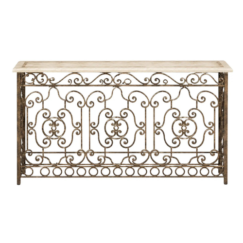 Sevilla console table with decorative iron scrollwork base and cream travertine top