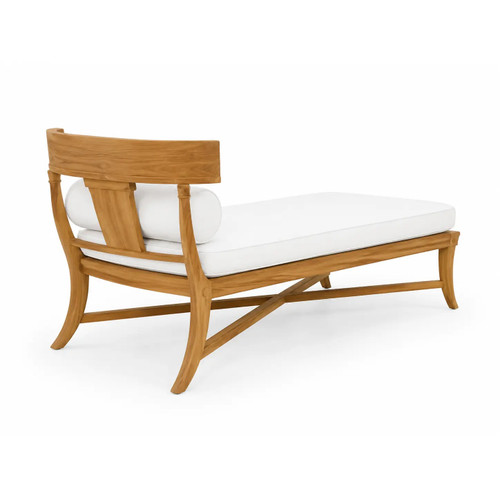 Luxury solid teak Klismos chaise lounge featuring curved frame and white upholstered cushion on white background.