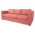 Angled view of a coral three‑cushion sofa showcasing flared arms against a white backdrop