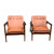 Front image of a pair of mid-century leather lounge chairs by Medellin Custom Furniture.