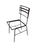 Full view of black metal patio chair with horizontal slat backrest,