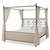 Tuscan-style metal canopy bed featuring decorative scrollwork and an upholstered footboard panel