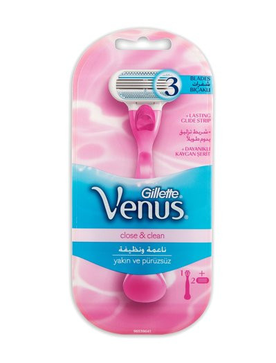 Gillette Venus Close & Clean Razor Handle + 2 Refill Cartridges, 1