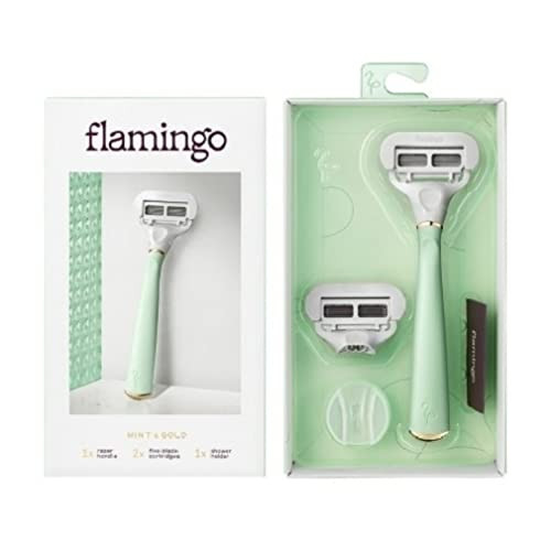 Flamingo Women's 5-Blade Razor Razor Kit (Includes 2 Cartridges + Shower Holder) - Mint & Gold Flamingo Women's 5-Blade Razor Razor Kit (Includes 2 Cartridges + Shower Holder) - Mint & Gold