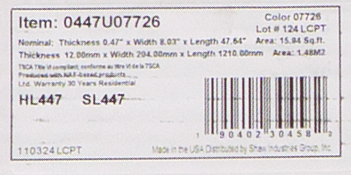 Shaw Connection Collection - Renewed - 12mm Thick - 8.03" x 47.64" Click Together Laminate Flooring 07726 SQFT Price : 1.59   label