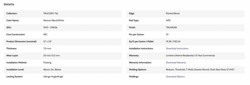 LOT PURCHASE - TRUCORE Abstract Black/White 12" x 24" Waterproof Vinyl Tile with Attached Pad D9836 SQFT Price : 1.99