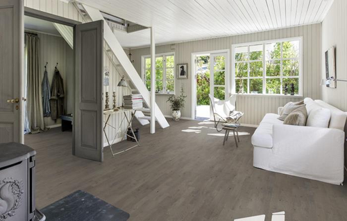 Kahrs Hardwood Beyond Retro Collection - Pearl Grey Strip - 7-7/8" x 95-3/8" x 5/8" - Engineered Click Together Hardwood PEARL room