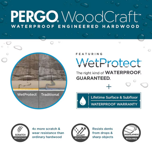 Pergo WoodCraft +WetProtect Worthen Oak 7.5" x 3/8" x 80" Wirebrushed Waterproof Engineered Hardwood
