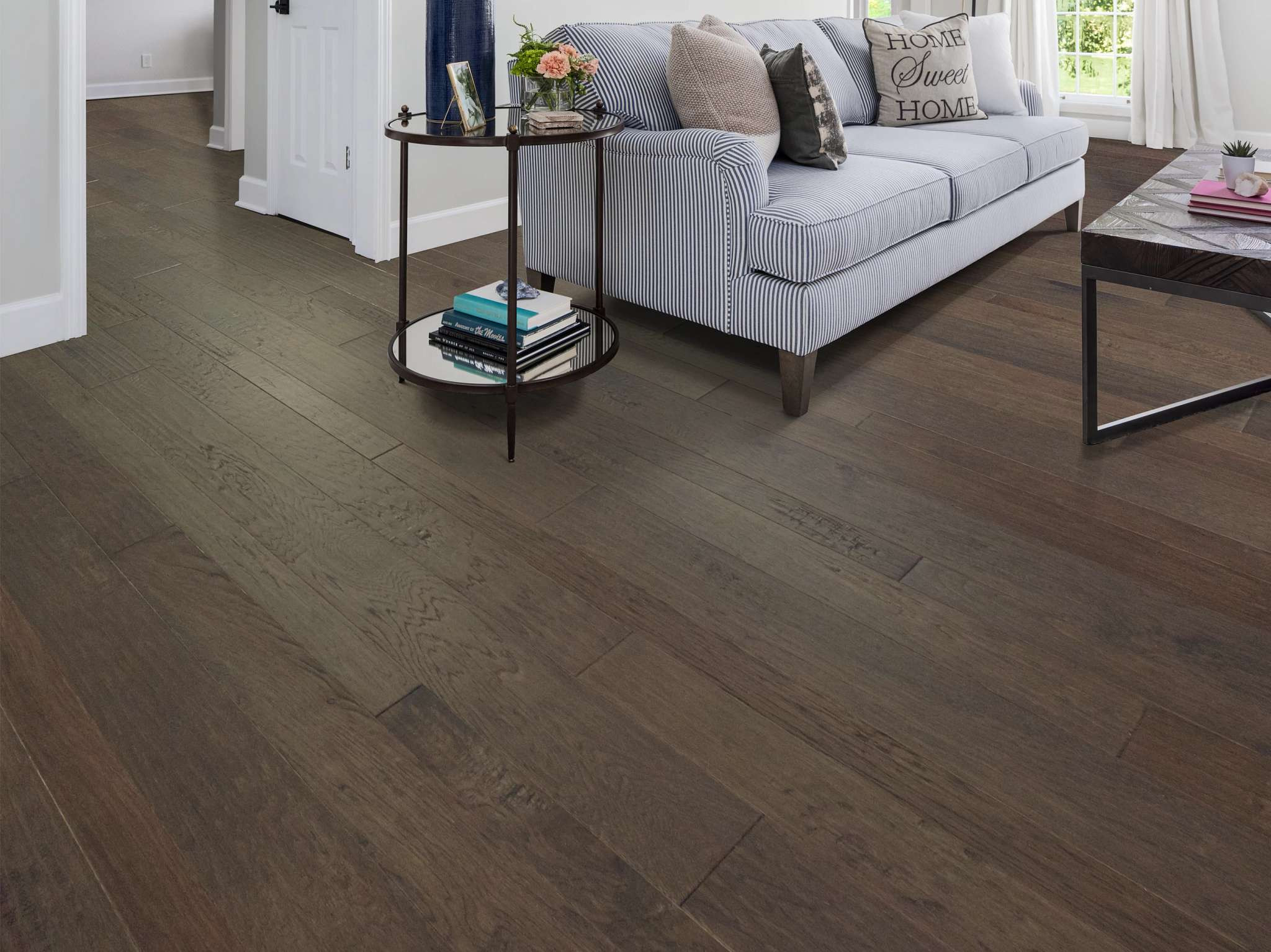 Shaw Wayward Mixed Shearling - Random Width - 3/8" Thick Hand Scraped Hickory Engineered Hardwood SH0342W07072SQFT room