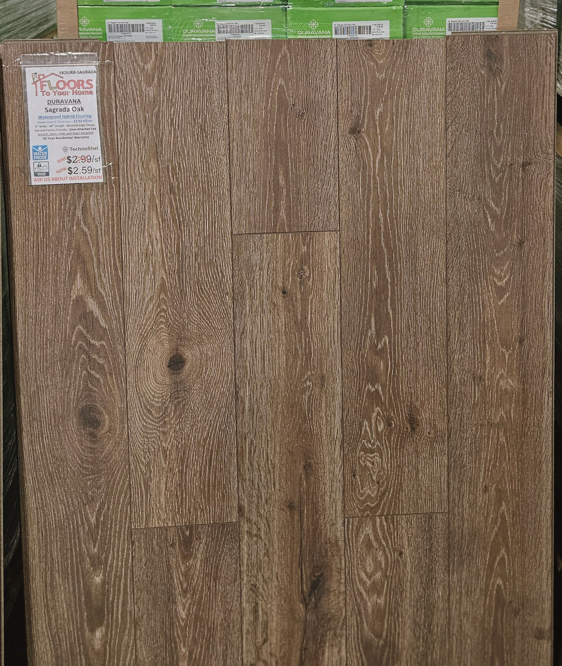ONE OF OUR BEST SELLERS - DURAVANA Waterproof Hybrid Flooring - Sagrada Oak - 7.56" x 50.63" - 9mm Thick with Attached Pad SAGRADA