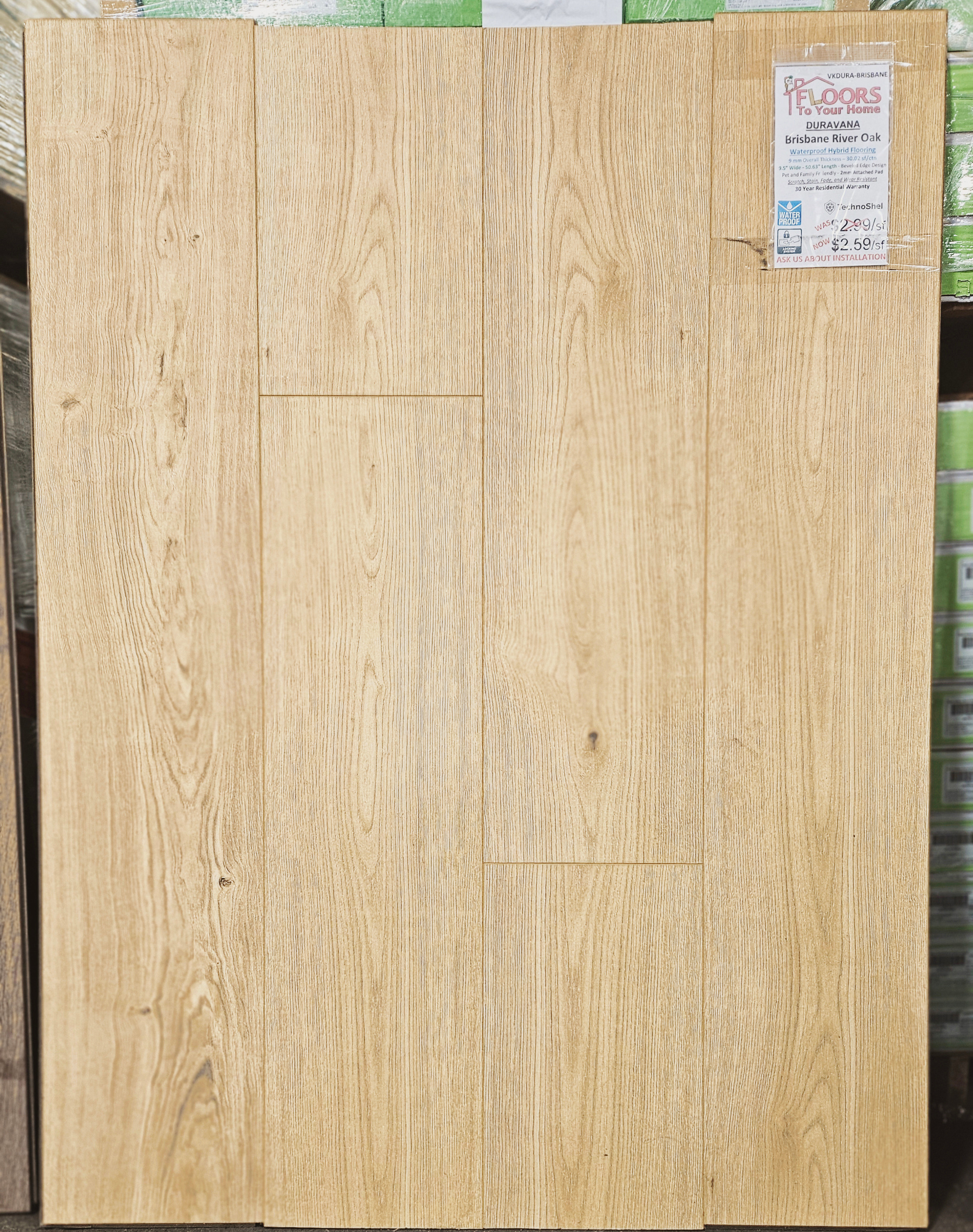 MOVING SALE - DURAVANA Waterproof Hybrid Flooring - Brisbane River Oak - 9.5" x 50.63" - 9mm Thick with Attached Pad BRISBANE SQFT Price : 2.79