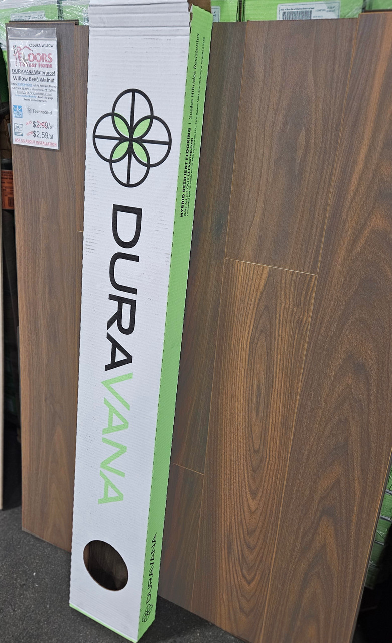DURAVANA Waterproof Hybrid Flooring - Willow Bend Walnut - 6.97" x 50.79" - 10mm Thick with Attached Pad WILLOW