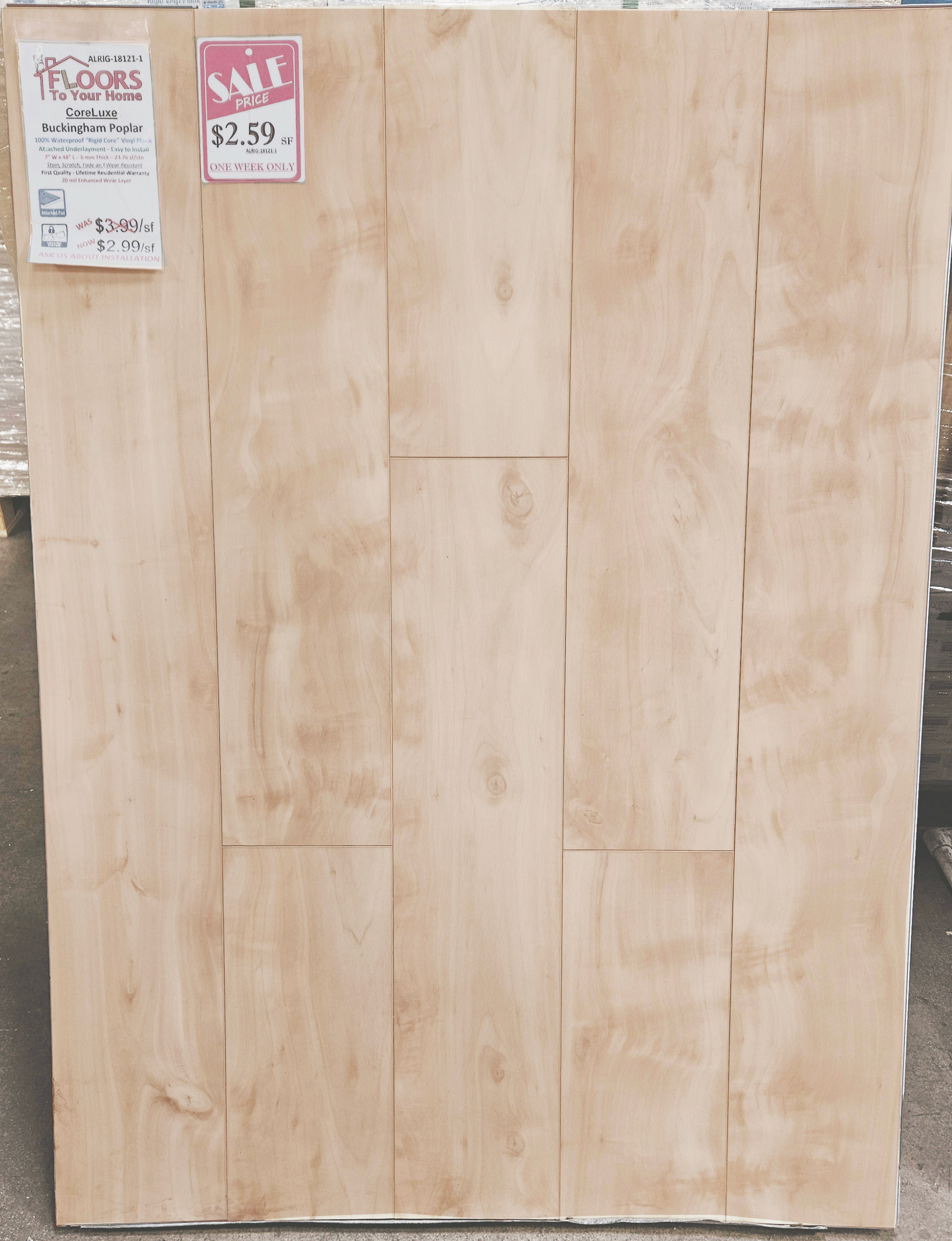 CORELUXE - Buckingham Poplar- 6mm Rigid Core - Waterproof Flooring with Attached Pad 7" x 48" 18121-1 SQFT Price : 3.19