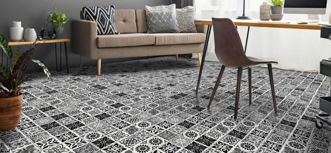 TRUCORE Abstract Black/White 12" x 24" Waterproof Vinyl Tile with Attached Pad D9836