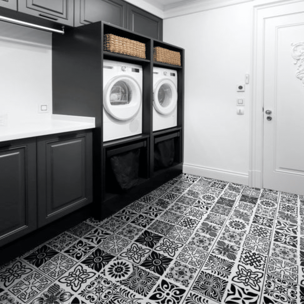 TRUCORE Abstract Black/White 12" x 24" Waterproof Vinyl Tile with Attached Pad D9836