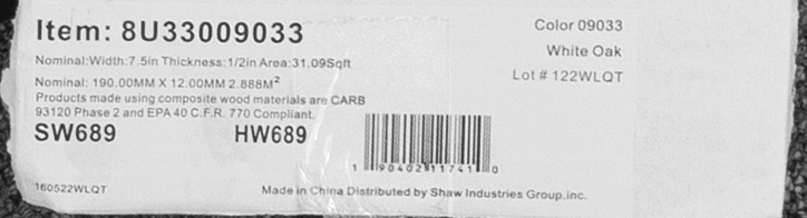 Shaw Couture Oak Noir - 7.5" Wide - 1/2" Thick - Engineered Hardwood 8033009033 SQFT Price : 3.39   label
