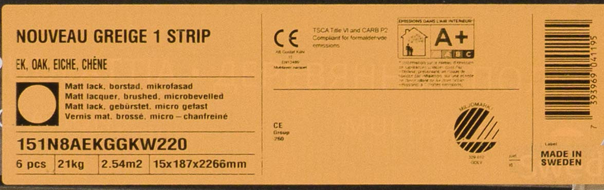 SUPER PREMIUM QUALITY - Kahrs Hardwood Classic Nouveau Collection - Nouveau Greige - 7-3/8" Wide - 5/8" Thick - 89-1/4" Length - Click Together Engineered Hardwood GREIGE SQFT Price : 3.89 label