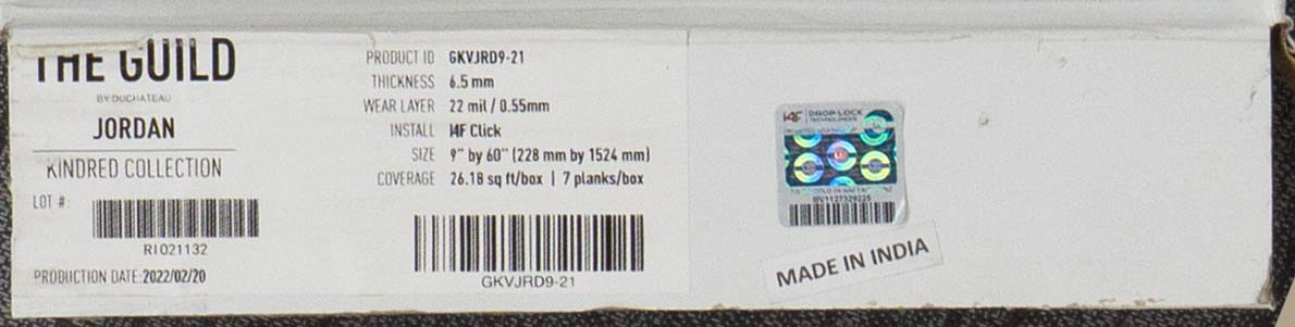 PREMIUM QUALITY - Duchateau - The Guild Kindred Collection - Jordan - 9" x 60" Waterproof Luxury Vinyl Plank Flooring JORDAN SQFT Price : 3.39 label