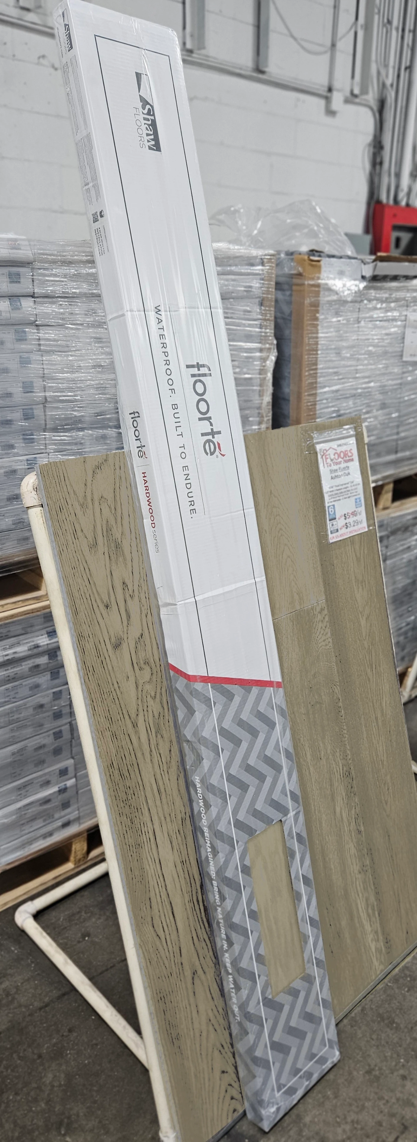 WATERPROOF HARDWOOD - Shaw Floorte Exquisite Ashton Oak 7.5" x Random Lengths Waterproof Engineered Hardwood Flooring with Attached Pad 01054 SQFT Price : 3.69 carton