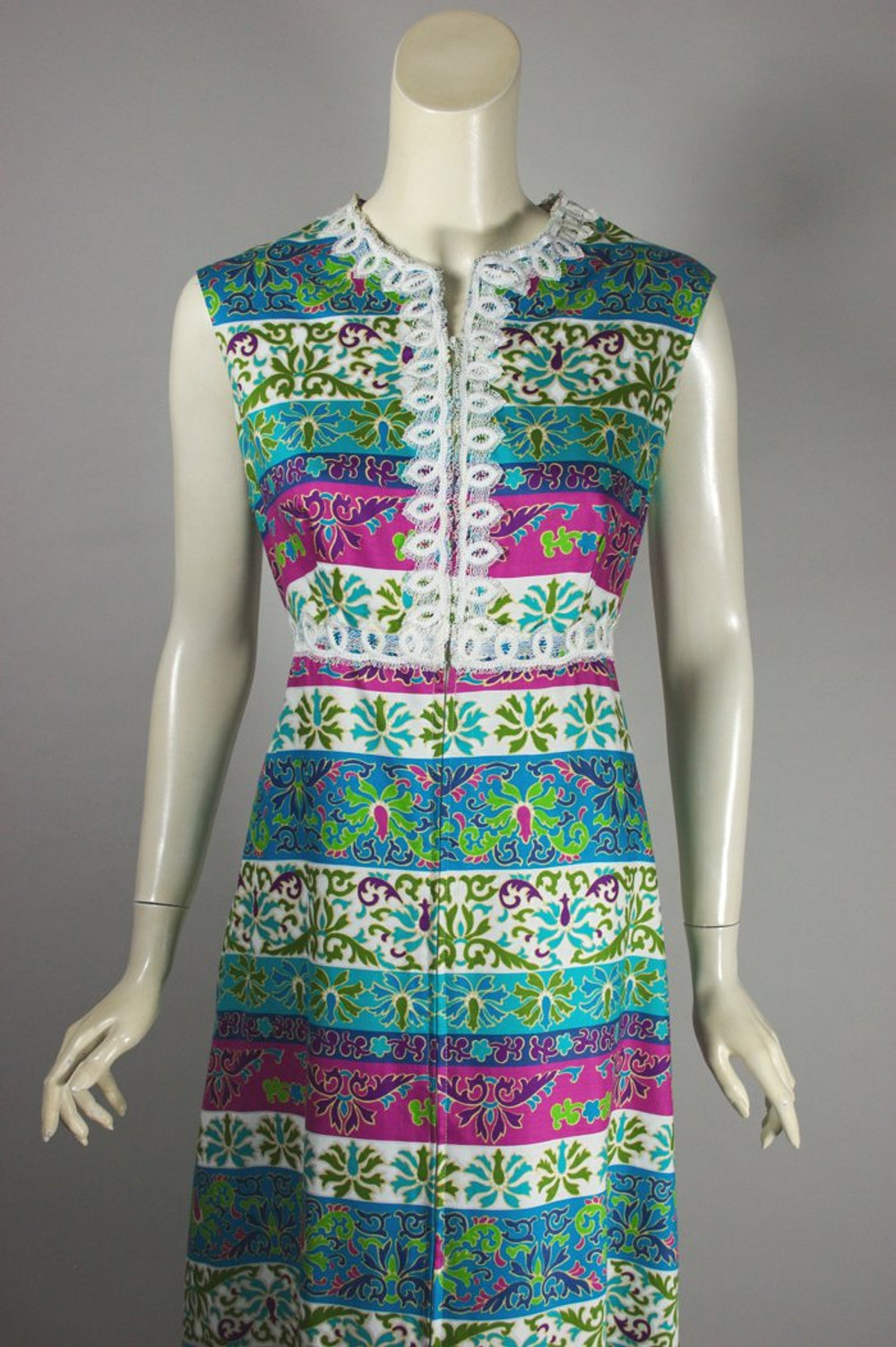 Floral stripe pink aqua cotton maxi late 1960s front zip M-L
