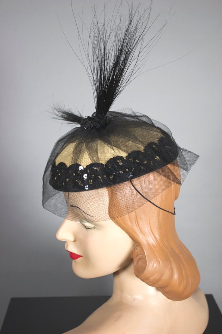 Tall Black Feathers Cocktail Hat Fascinator 80s 1940s Style