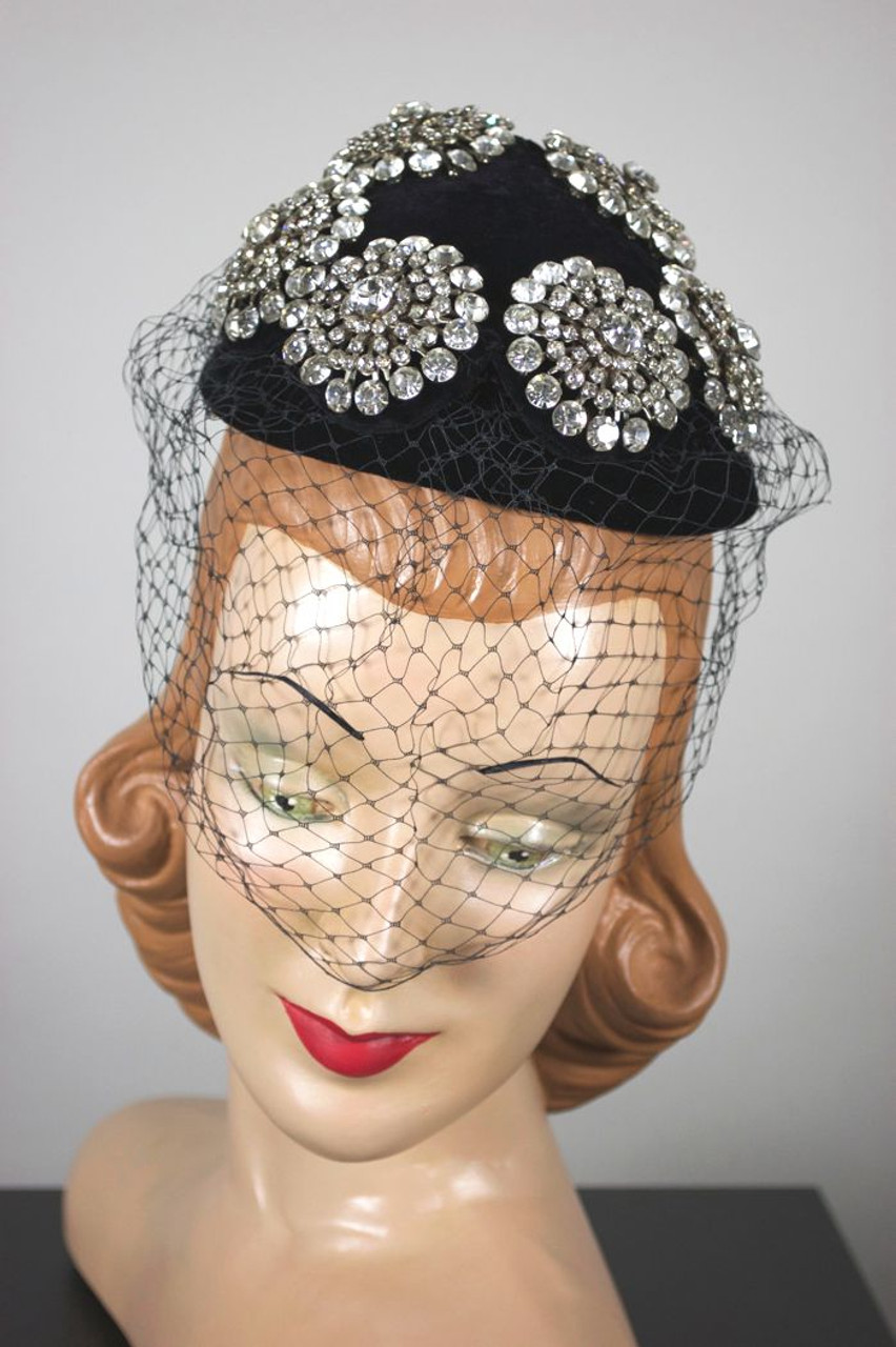 90s-does-1960s Hat Black Velvet Rhinestones Veil