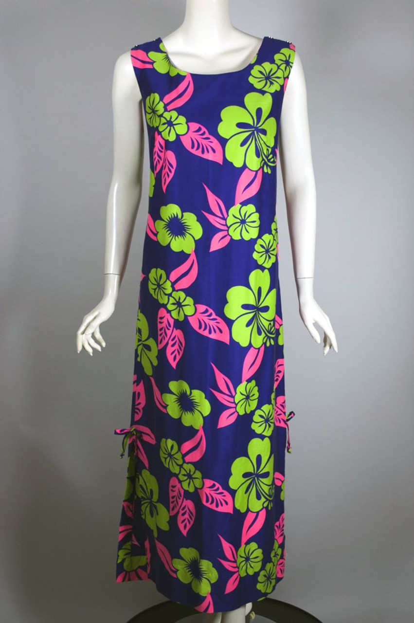 1960s dress Hawaiian tiki style purple floral barkcloth XS 32 inch bust