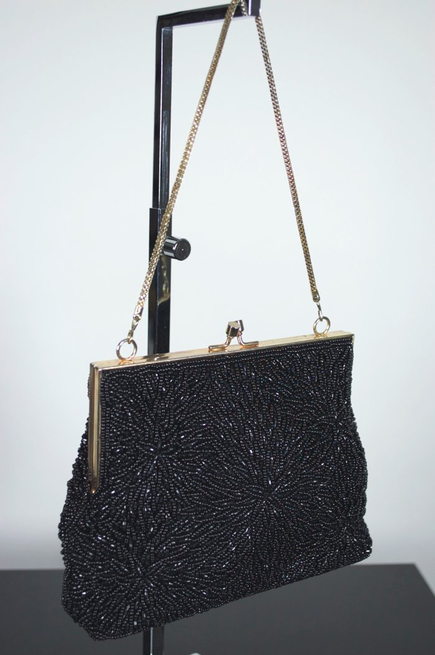 Caviar Beaded Black Multi-Color Clutch Handbag 1960s