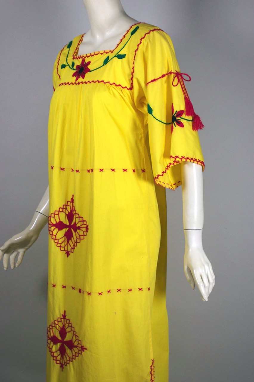 Embroidered yellow cotton caftan maxi dress 1960s-70s Mexico XS-S