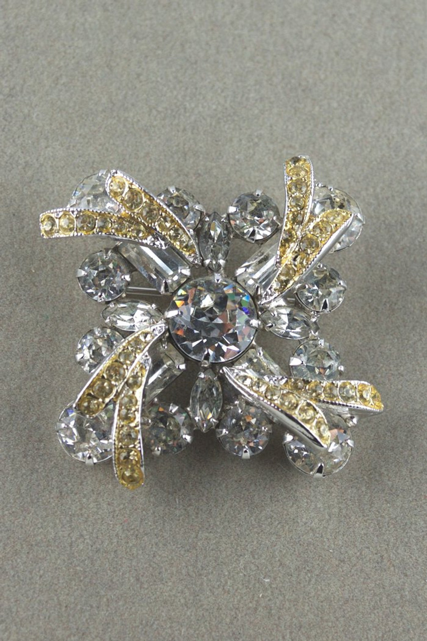 Weiss 1950s rhinestone brooch lapel pin cross-shaped clear yellow