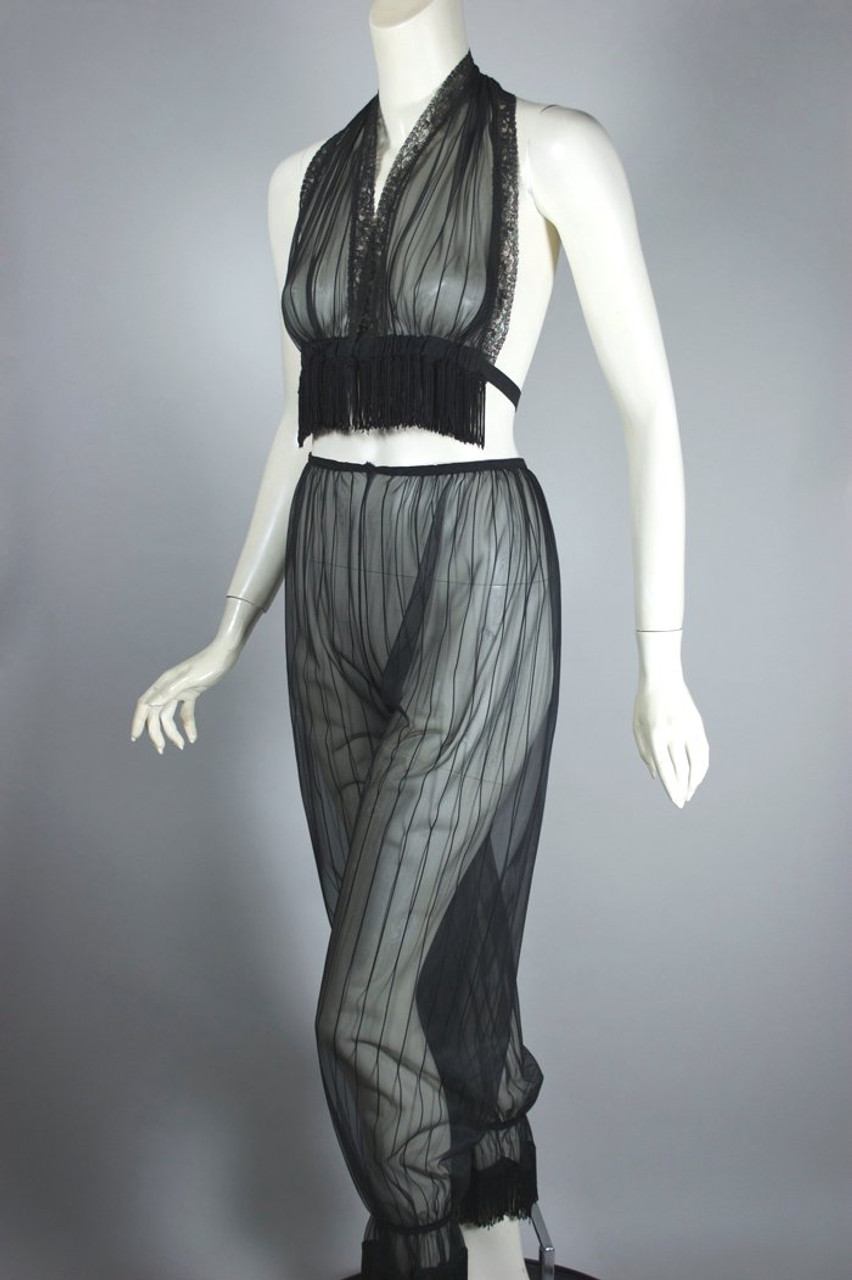 Pin-up style 1960s lingerie sheer black nylon nightie panty set size S