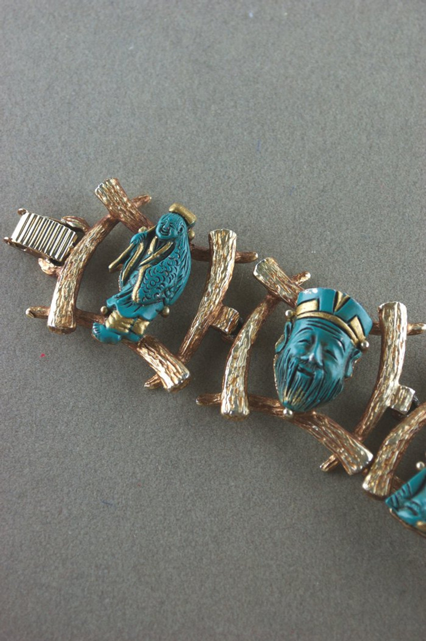 Aqua gold Asian figures 1950s link bracelet earrings set