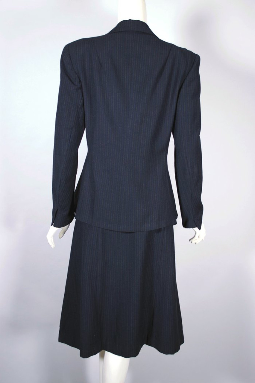 WWII era 1940s ladies suit navy pinstripe M-L 40-42 bust 32-33 waist