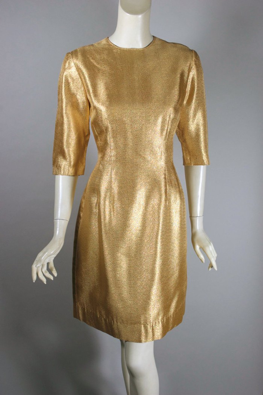 early 1960s gold metallic cocktail dress S-M 36 bust 28 waist 39 hip