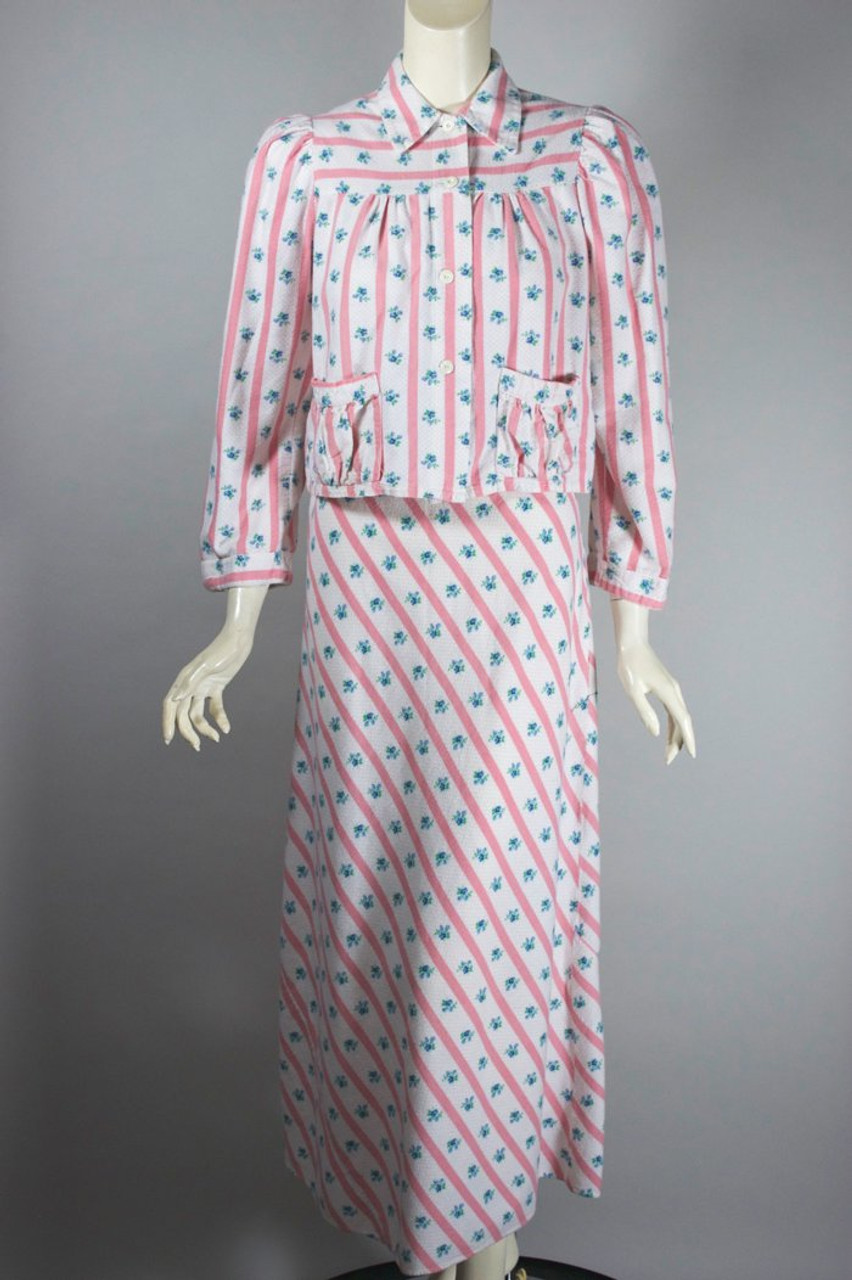 bias cut 1930s 40s nightgown bed jacket pink stripe cotton flannel XS S