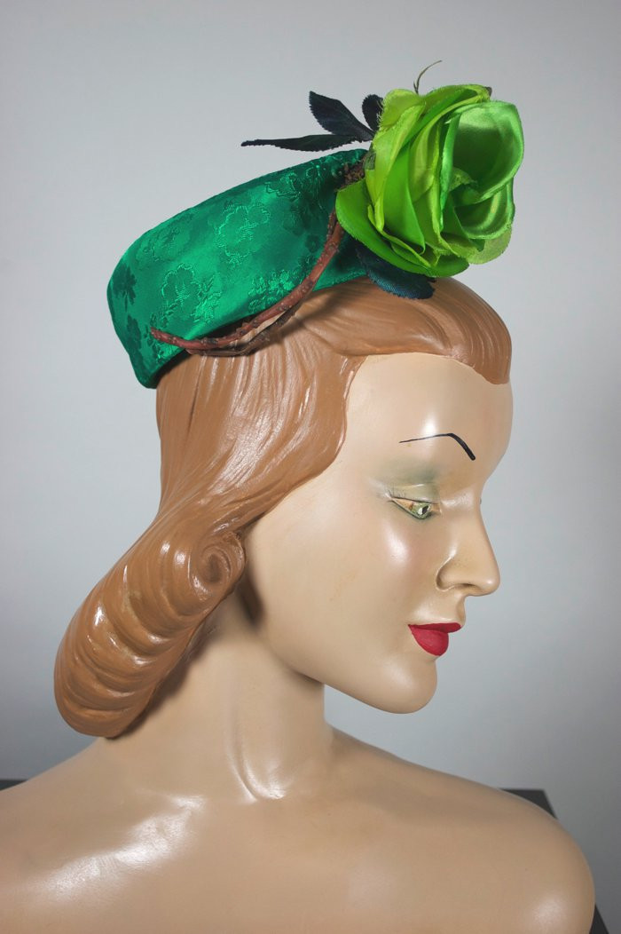 Green brocade mini pillbox hat 1960s giant rose trim display picture 1