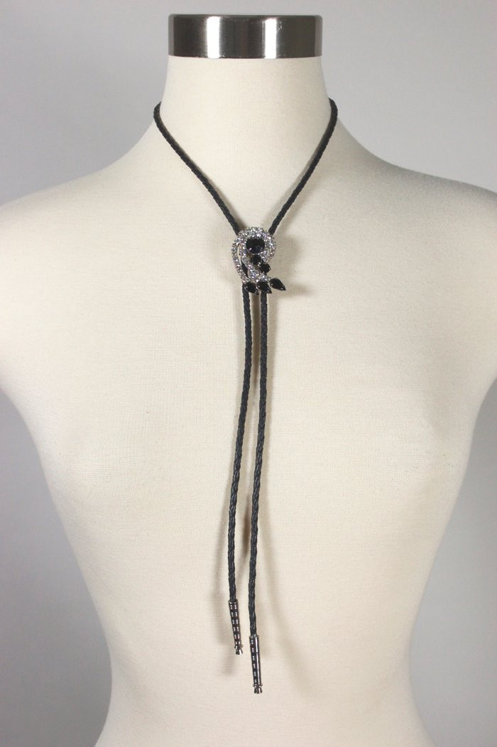 Black clear rhinestones 80s leather bolo tie western style display picture 1
