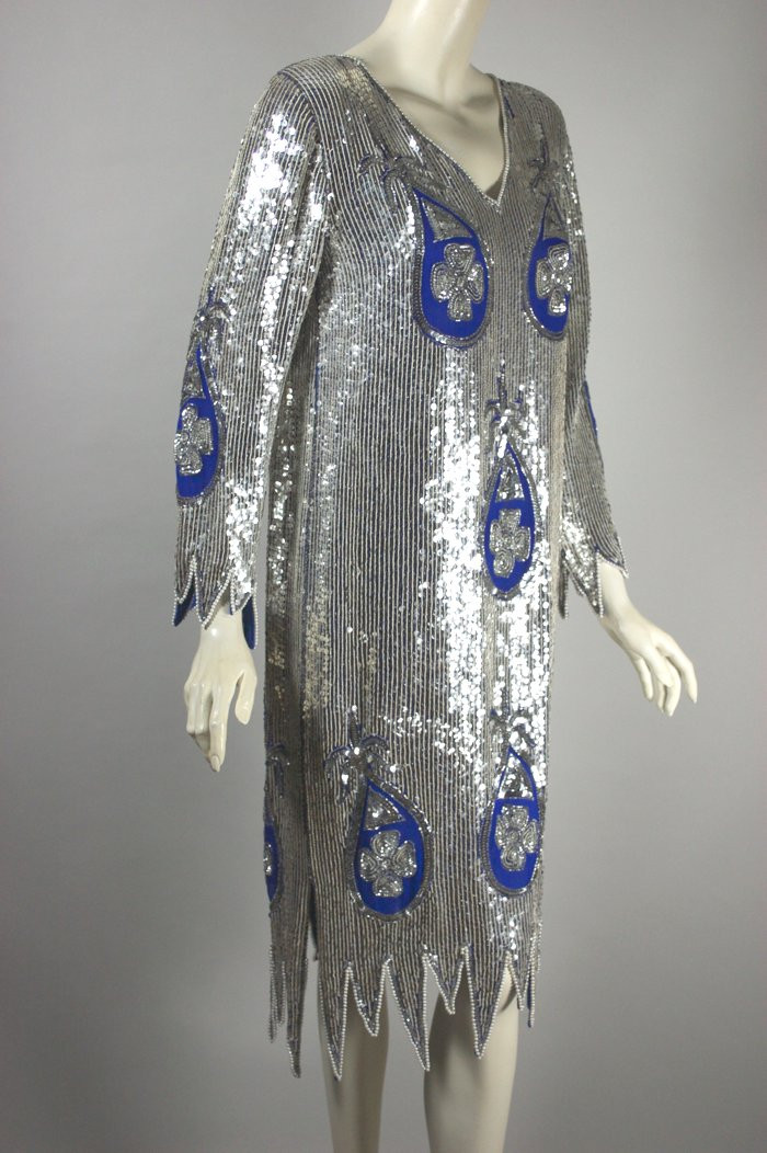 Blue silk silver sequins pearls 80s does 1920s style party dress XS-S