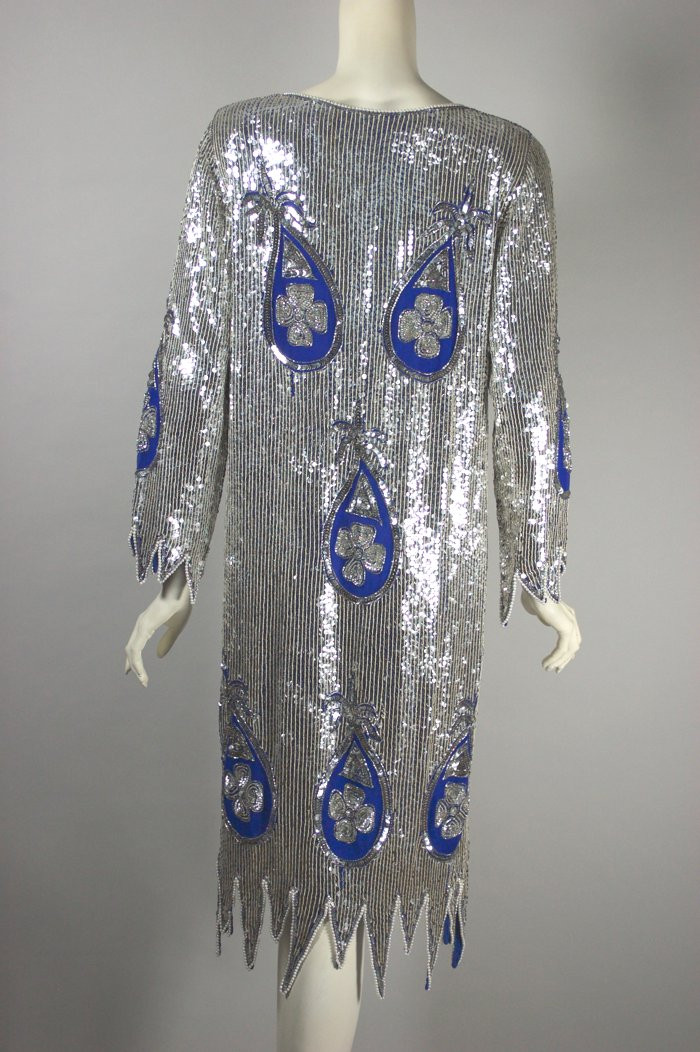 Blue silk silver sequins pearls 80s does 1920s style party dress XS-S